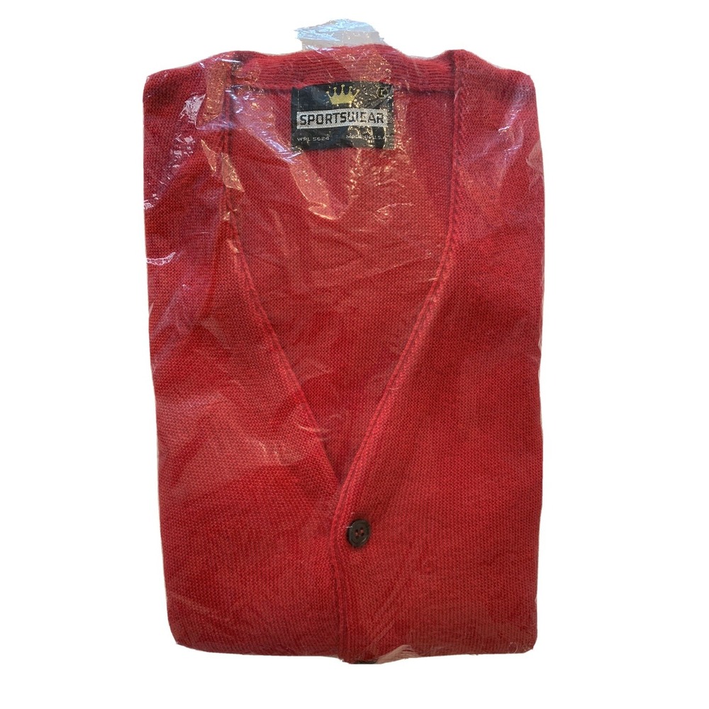 Mens Crown Sportswear Vintage Sweater Cardigan Sz Large NWOT Deep Red 70's